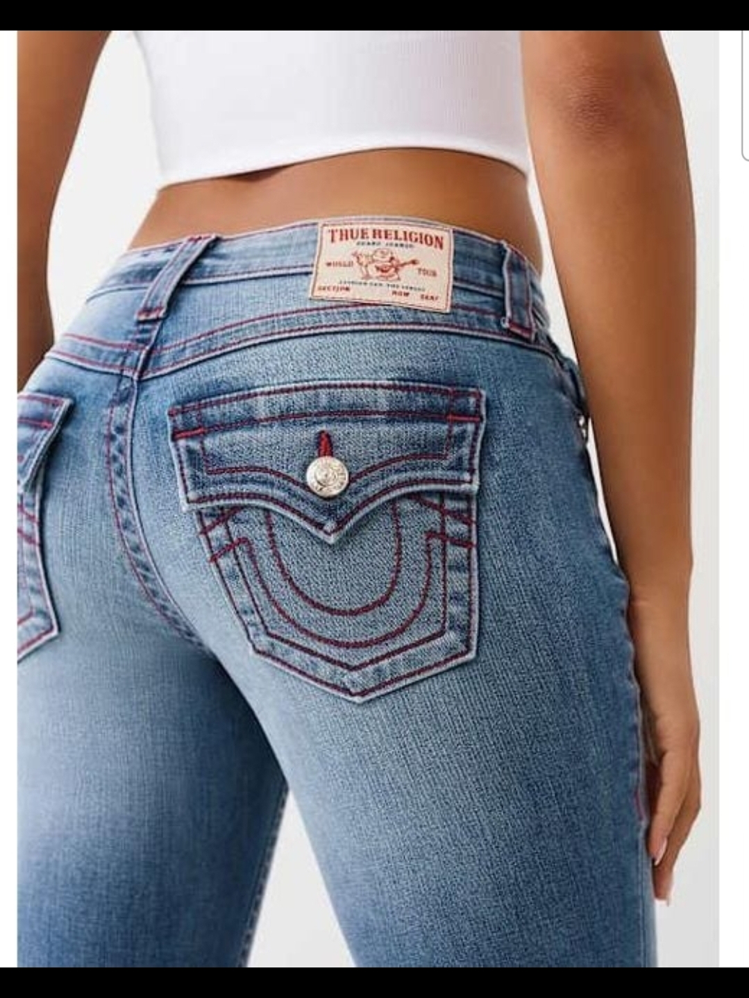 True Religion Women's Light Blue Skinny Jeans With Red Contrast Stitching